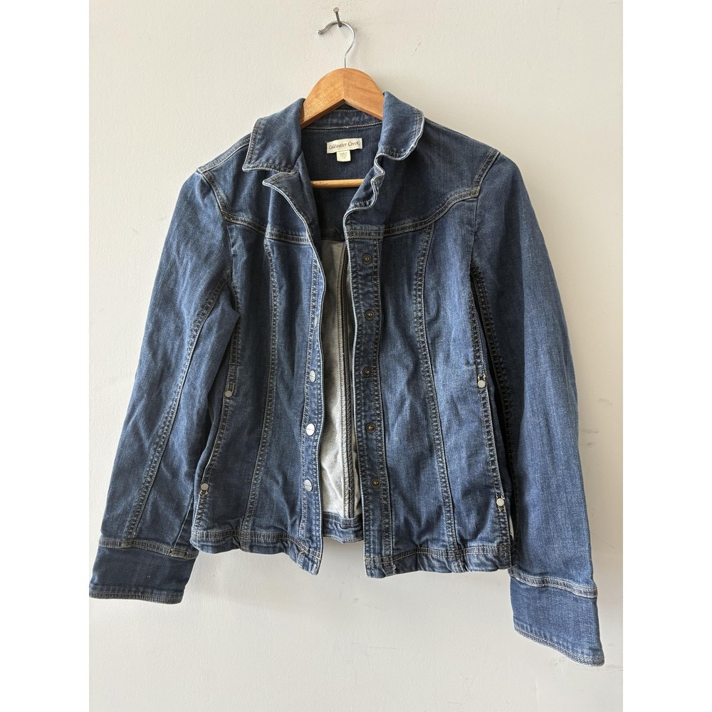 Coldwater Creek Jacket Womens 12 Blue Denim Button Front Zip Pockets Casual